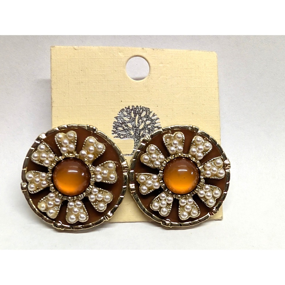 New Vtg Floral Stud Pierced Earrings Brown Faux Pearl Gold Tone Cat Eye Cabachon